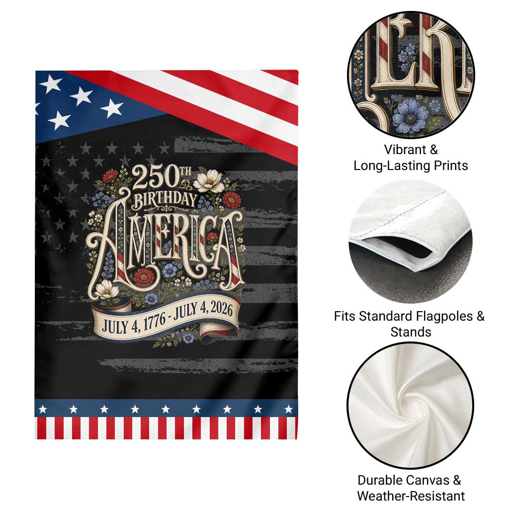 Floral America 250th Birthday Patriotic Garden Flag 4th of July America 250 Years Retro