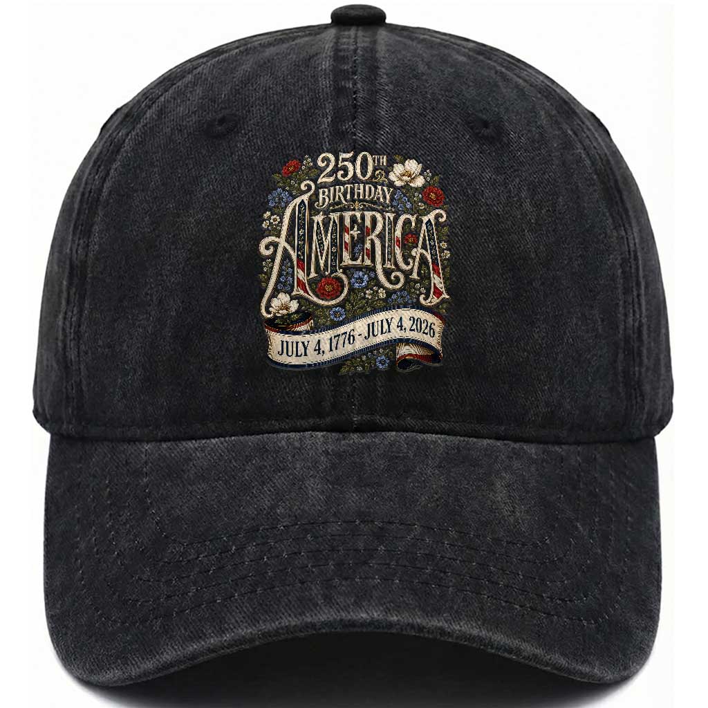 Floral America 250th Birthday Washed Cotton Baseball Cap 4th of July America 250 Years Retro TS11 Print Your Wear