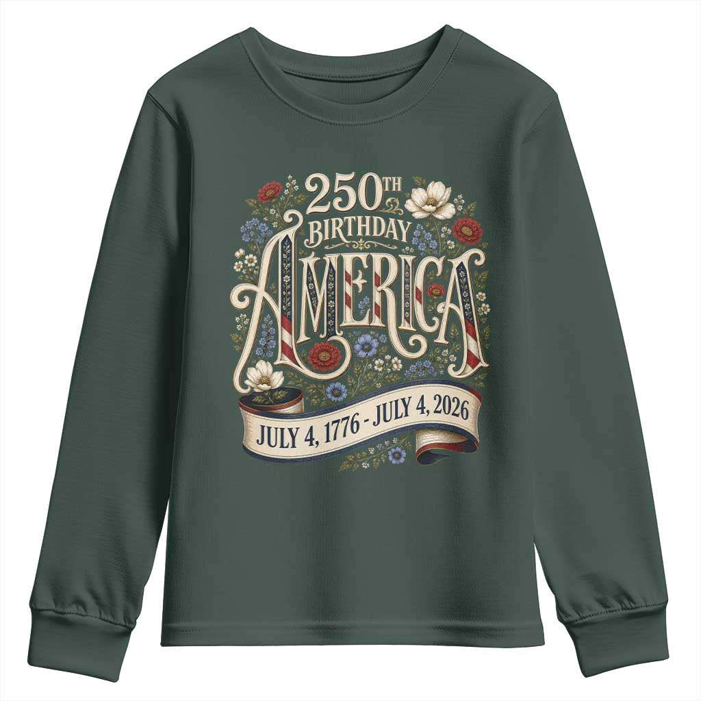 Floral America 250th Birthday Youth Sweatshirt 4th of July America 250 Years Retro