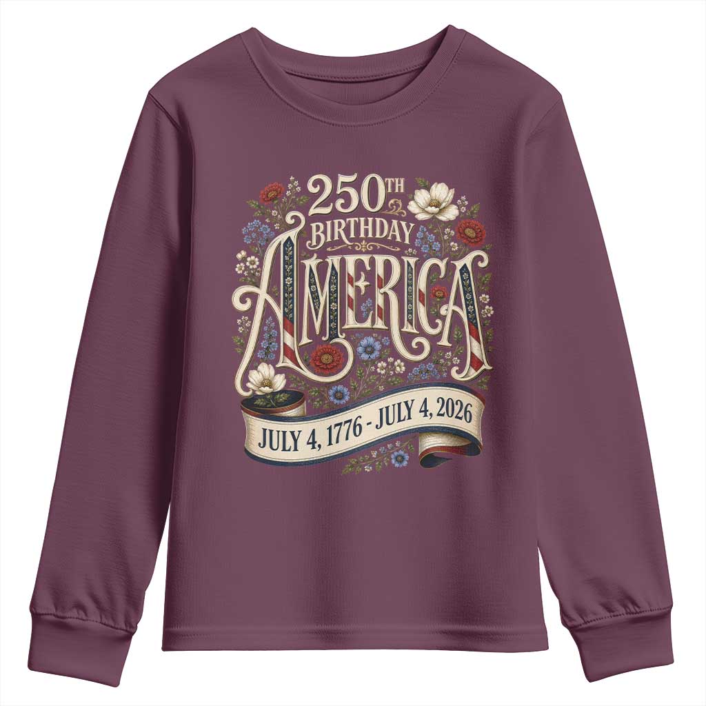 Floral America 250th Birthday Youth Sweatshirt 4th of July America 250 Years Retro