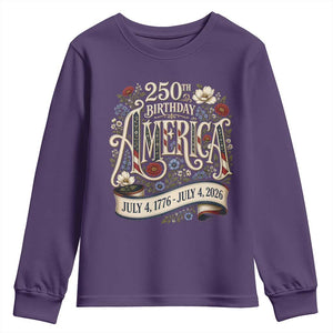 Floral America 250th Birthday Youth Sweatshirt 4th of July America 250 Years Retro