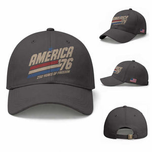 250th Anniversary USA America 76 Baseball Cap 250 Years Of Freedom 1776 2026 Retro TS11 Baseball Cap Universal Fit Dark Gray Print Your Wear