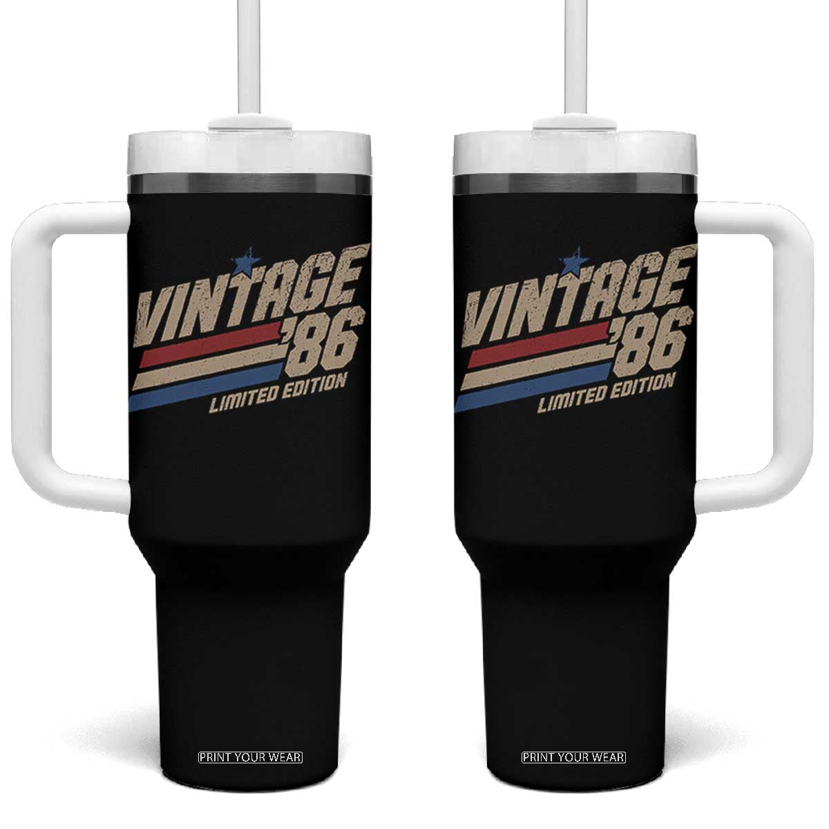 40th Birthday Tumbler With Handle Vintage 1986 40 Years Old Birthday USA Stripes TS11 One Size: 40 oz Black Print Your Wear