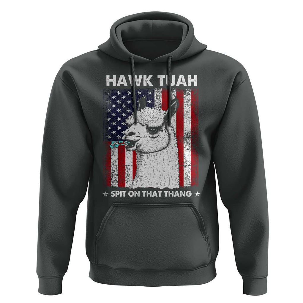 Funny Llama Hoodie Hawk Tuah Spit On That Thang American Flag TS11 Dark Heather Print Your Wear