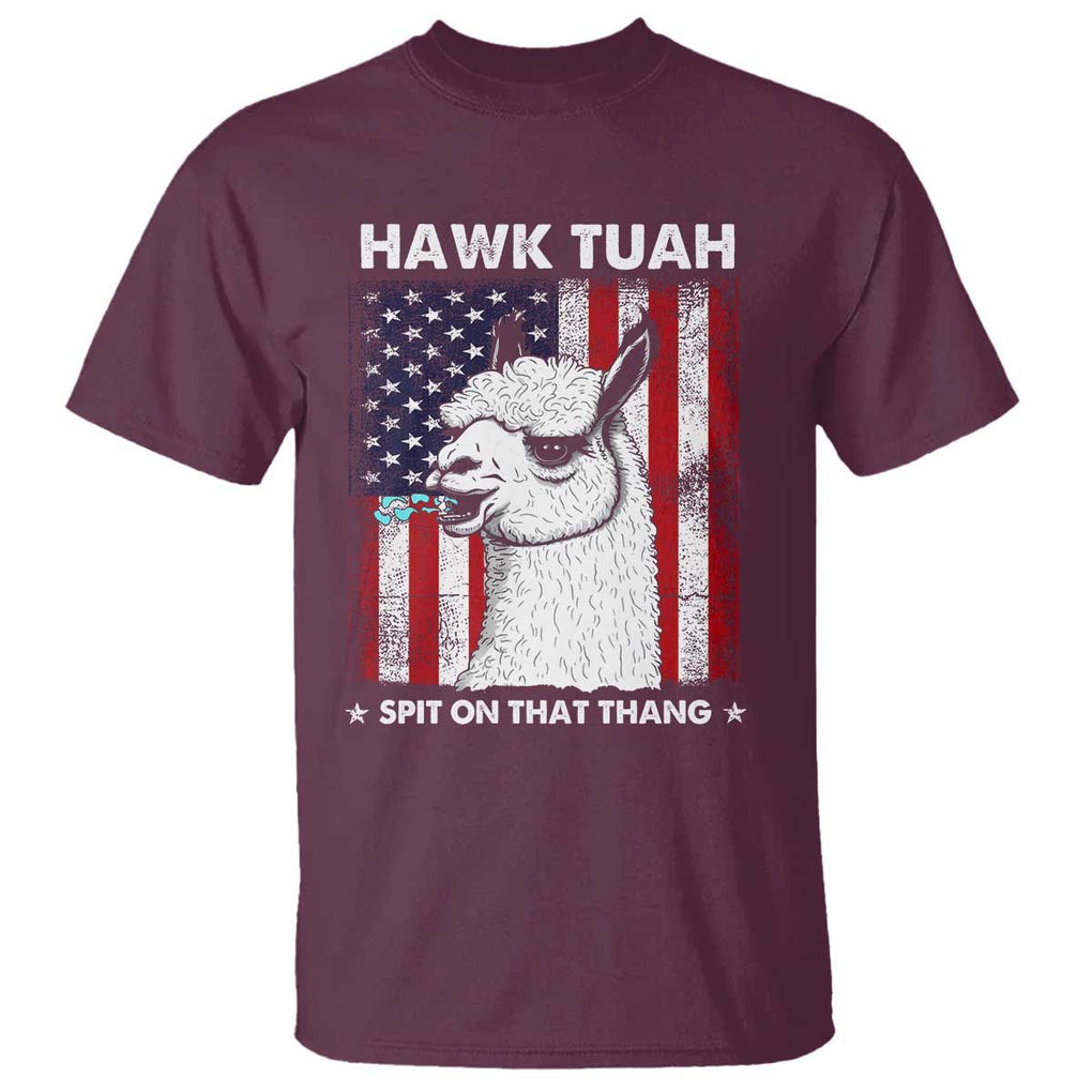 Funny Llama T Shirt Hawk Tuah Spit On That Thang American Flag TS11 Maroon Print Your Wear