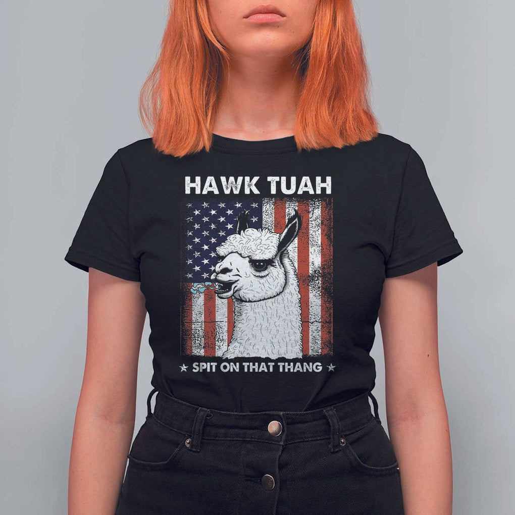 Funny Llama T Shirt For Women Hawk Tuah Spit On That Thang American Flag TS11 Black Print Your Wear