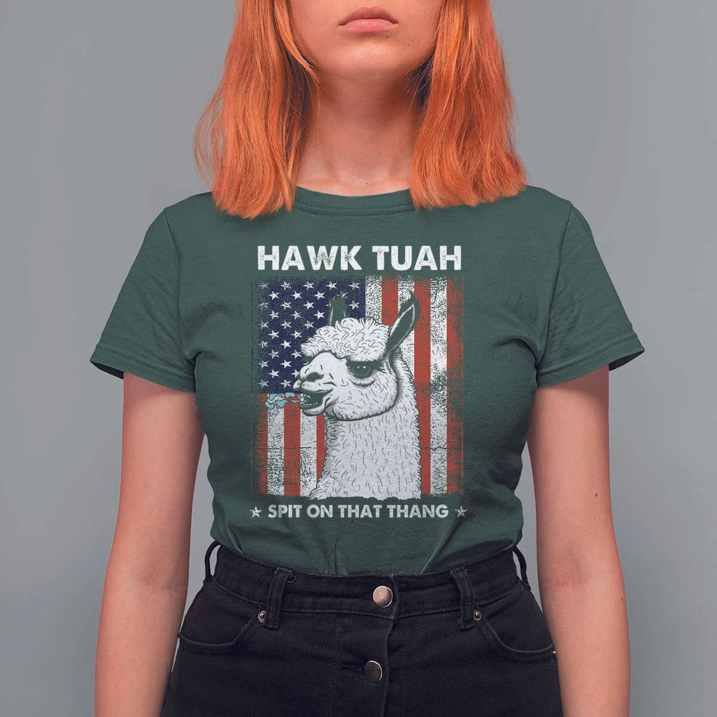 Funny Llama T Shirt For Women Hawk Tuah Spit On That Thang American Flag TS11 Dark Forest Green Print Your Wear