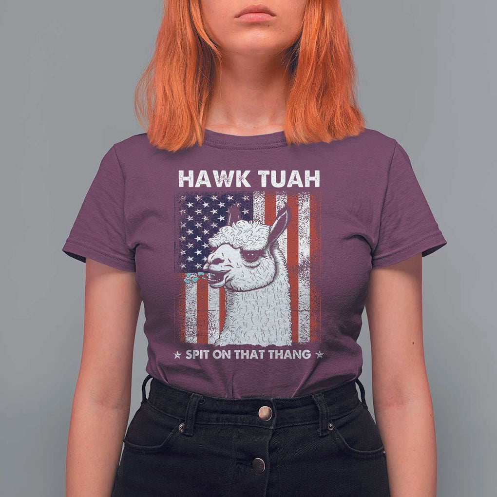 Funny Llama T Shirt For Women Hawk Tuah Spit On That Thang American Flag TS11 Maroon Print Your Wear