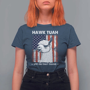 Funny Llama T Shirt For Women Hawk Tuah Spit On That Thang American Flag TS11 Navy Print Your Wear