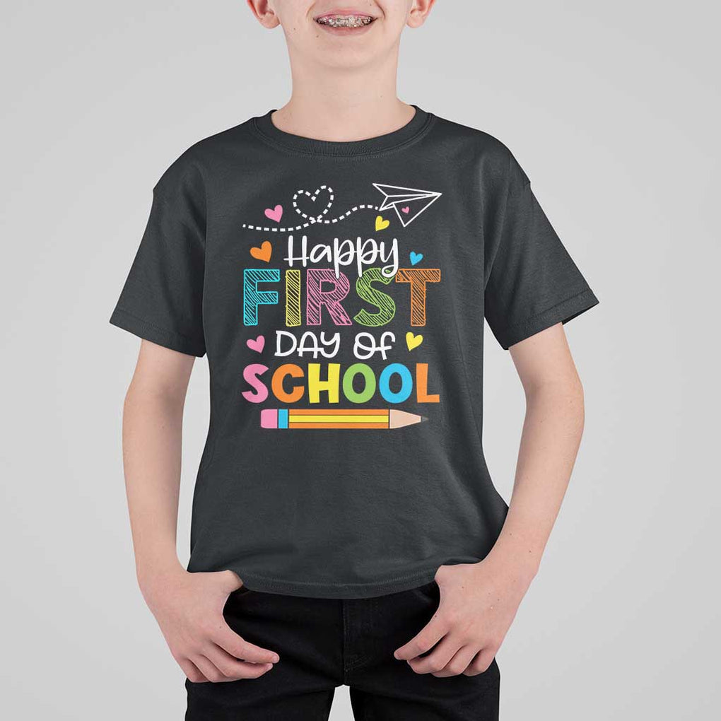 Happy First Day Of School T Shirt For Kid Cute Pencil Paper Plane Heart TS11 Black Print Your Wear