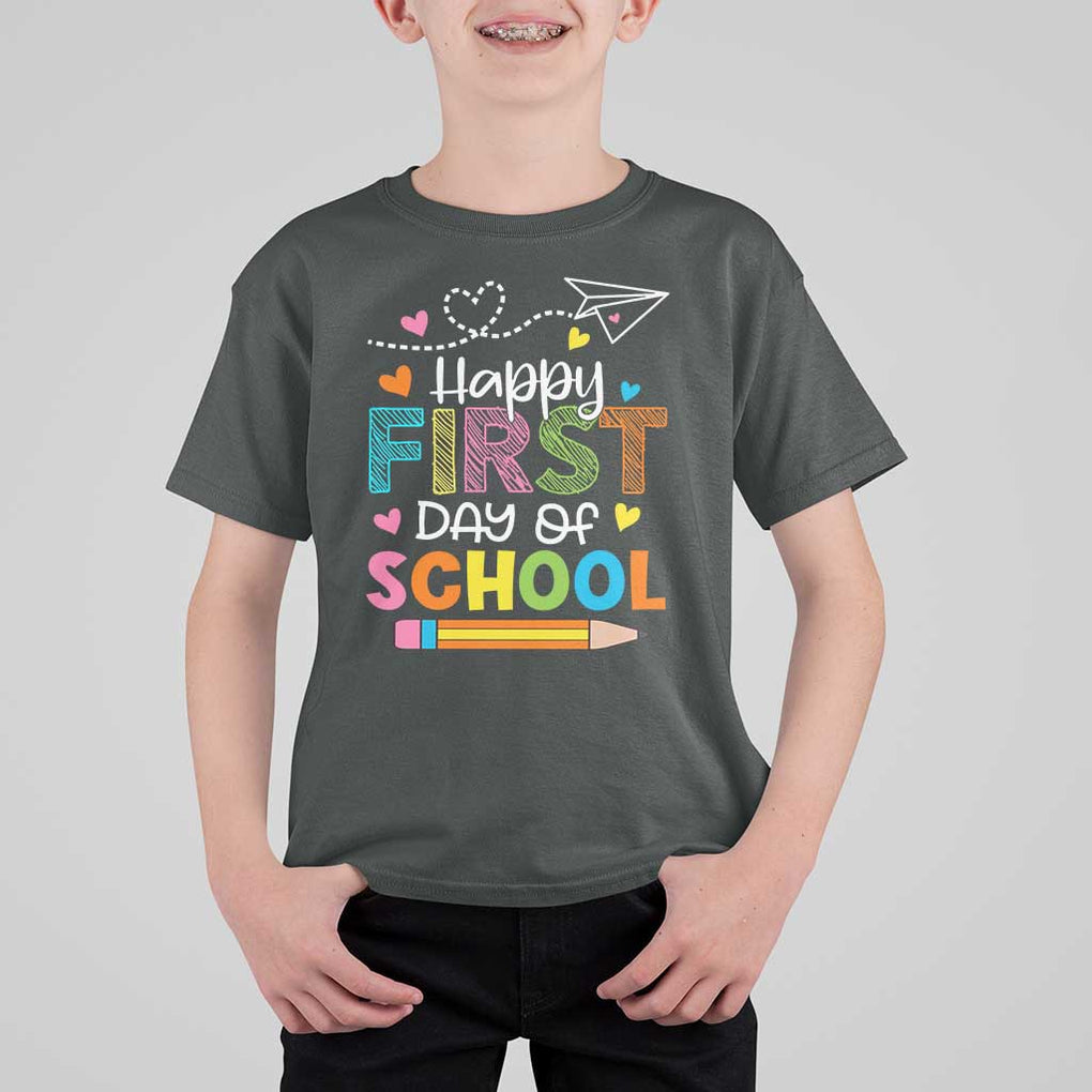 Happy First Day Of School T Shirt For Kid Cute Pencil Paper Plane Heart TS11 Dark Heather Print Your Wear