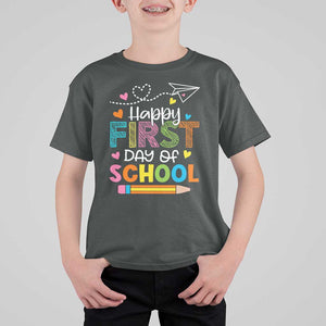 Happy First Day Of School T Shirt For Kid Cute Pencil Paper Plane Heart TS11 Dark Heather Print Your Wear
