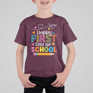 Happy First Day Of School T Shirt For Kid Cute Pencil Paper Plane Heart TS11 Maroon Print Your Wear