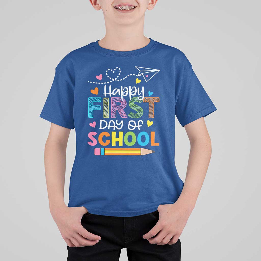Happy First Day Of School T Shirt For Kid Cute Pencil Paper Plane Heart TS11 Royal Blue Print Your Wear