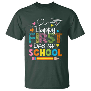 Happy First Day Of School T Shirt Cute Pencil Paper Plane Heart TS11 Dark Forest Green Print Your Wear