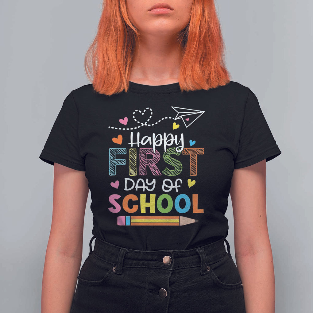 Happy First Day Of School T Shirt For Women Cute Pencil Paper Plane Heart TS11 Black Print Your Wear