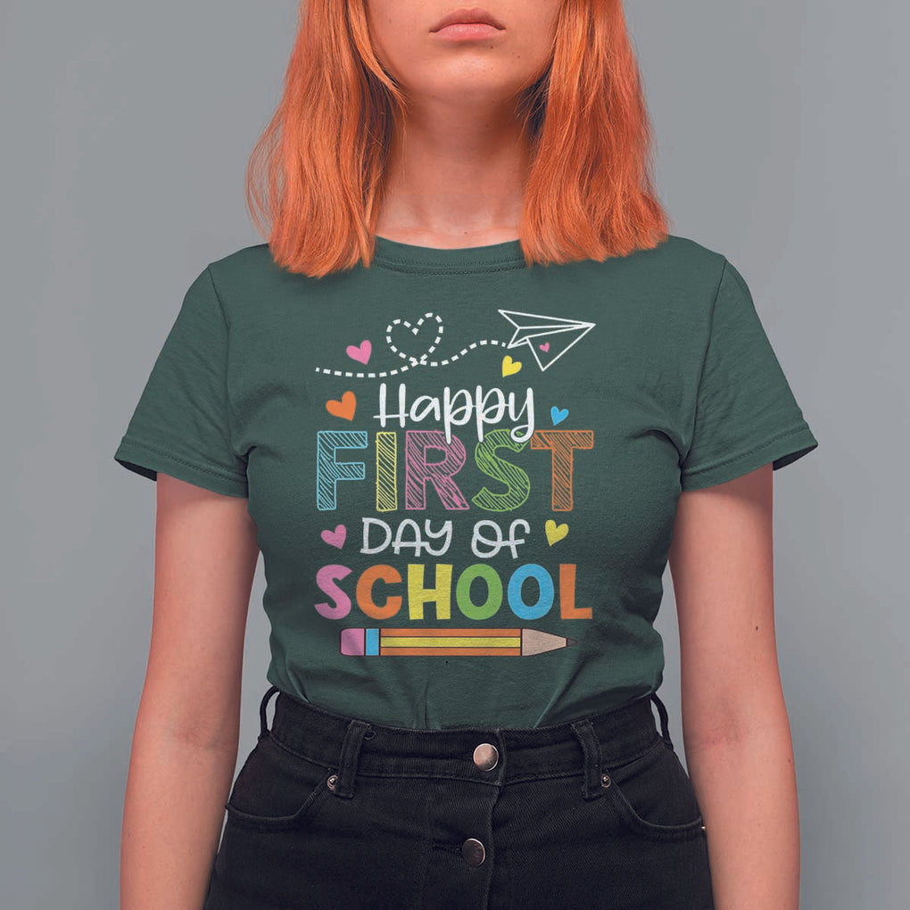 Happy First Day Of School T Shirt For Women Cute Pencil Paper Plane Heart TS11 Dark Forest Green Print Your Wear