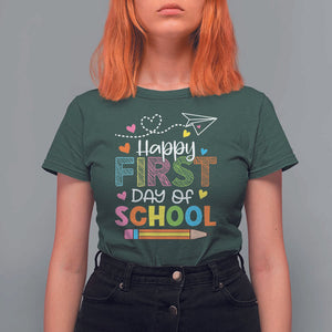 Happy First Day Of School T Shirt For Women Cute Pencil Paper Plane Heart TS11 Dark Forest Green Print Your Wear