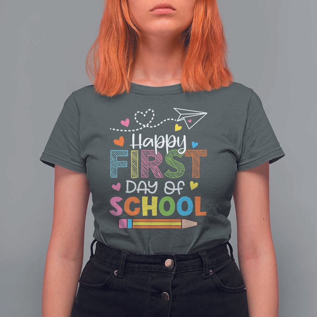 Happy First Day Of School T Shirt For Women Cute Pencil Paper Plane Heart TS11 Dark Heather Print Your Wear