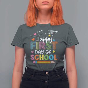 Happy First Day Of School T Shirt For Women Cute Pencil Paper Plane Heart TS11 Dark Heather Print Your Wear