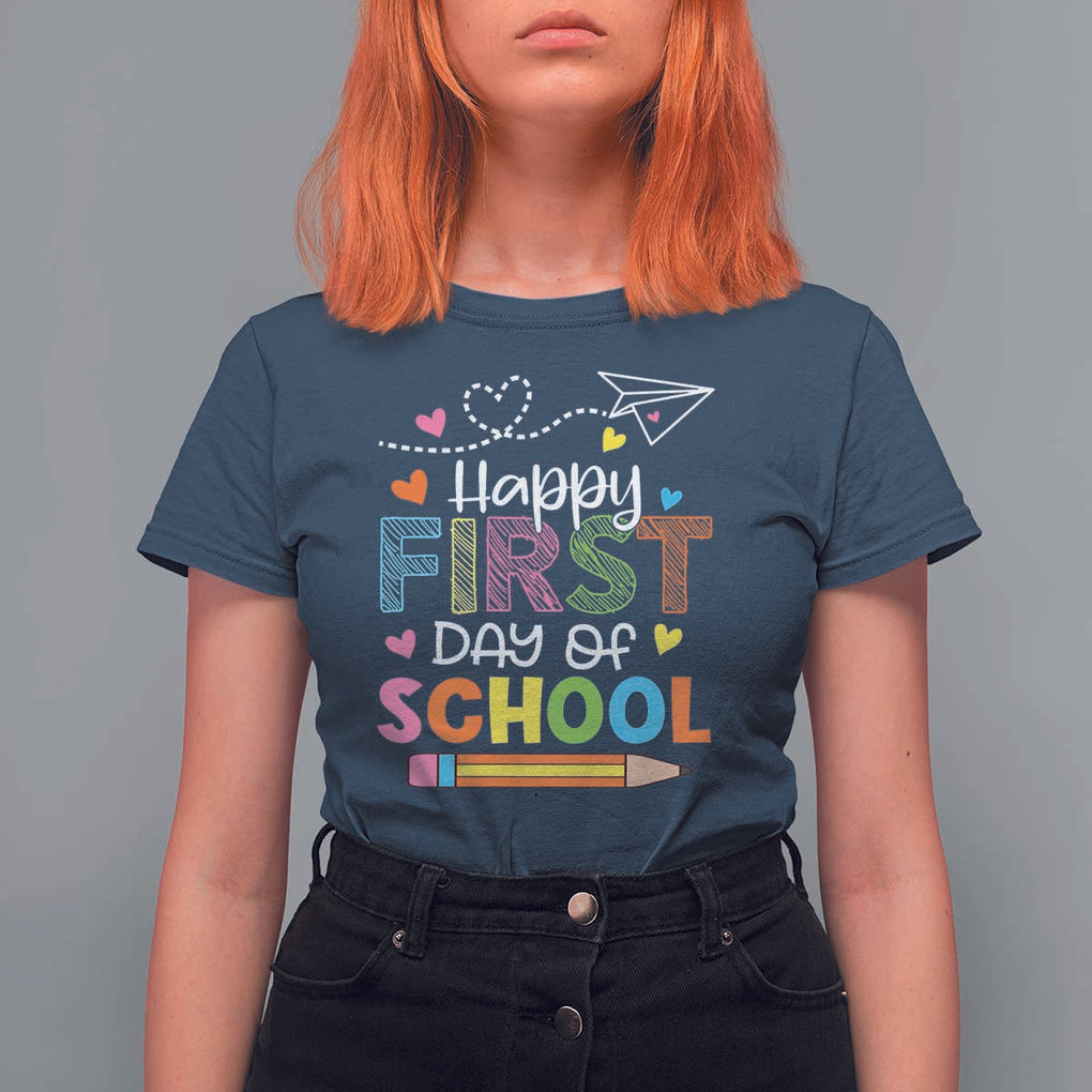 Happy First Day Of School T Shirt For Women Cute Pencil Paper Plane Heart TS11 Navy Print Your Wear