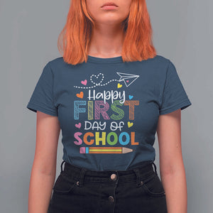 Happy First Day Of School T Shirt For Women Cute Pencil Paper Plane Heart TS11 Navy Print Your Wear
