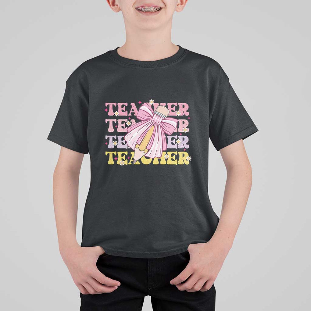 Teacher T Shirt For Kid Groovy Pencil Pink Bow Back To School TS11 Black Print Your Wear