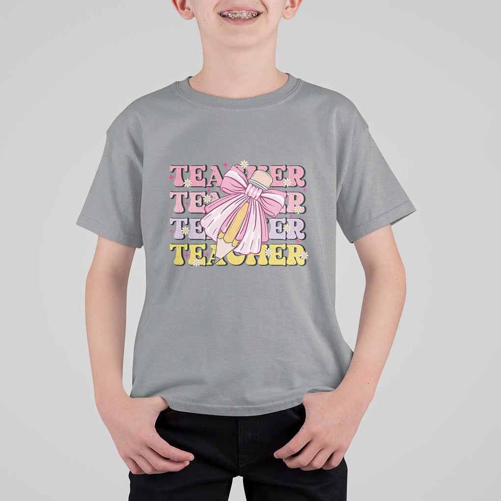 Teacher T Shirt For Kid Groovy Pencil Pink Bow Back To School TS11 Sport Gray Print Your Wear