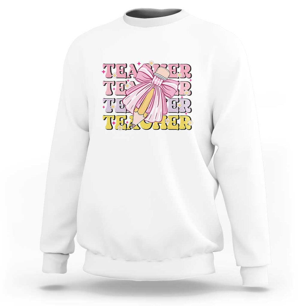 Teacher Sweatshirt Groovy Pencil Pink Bow Back To School TS11 White Print Your Wear
