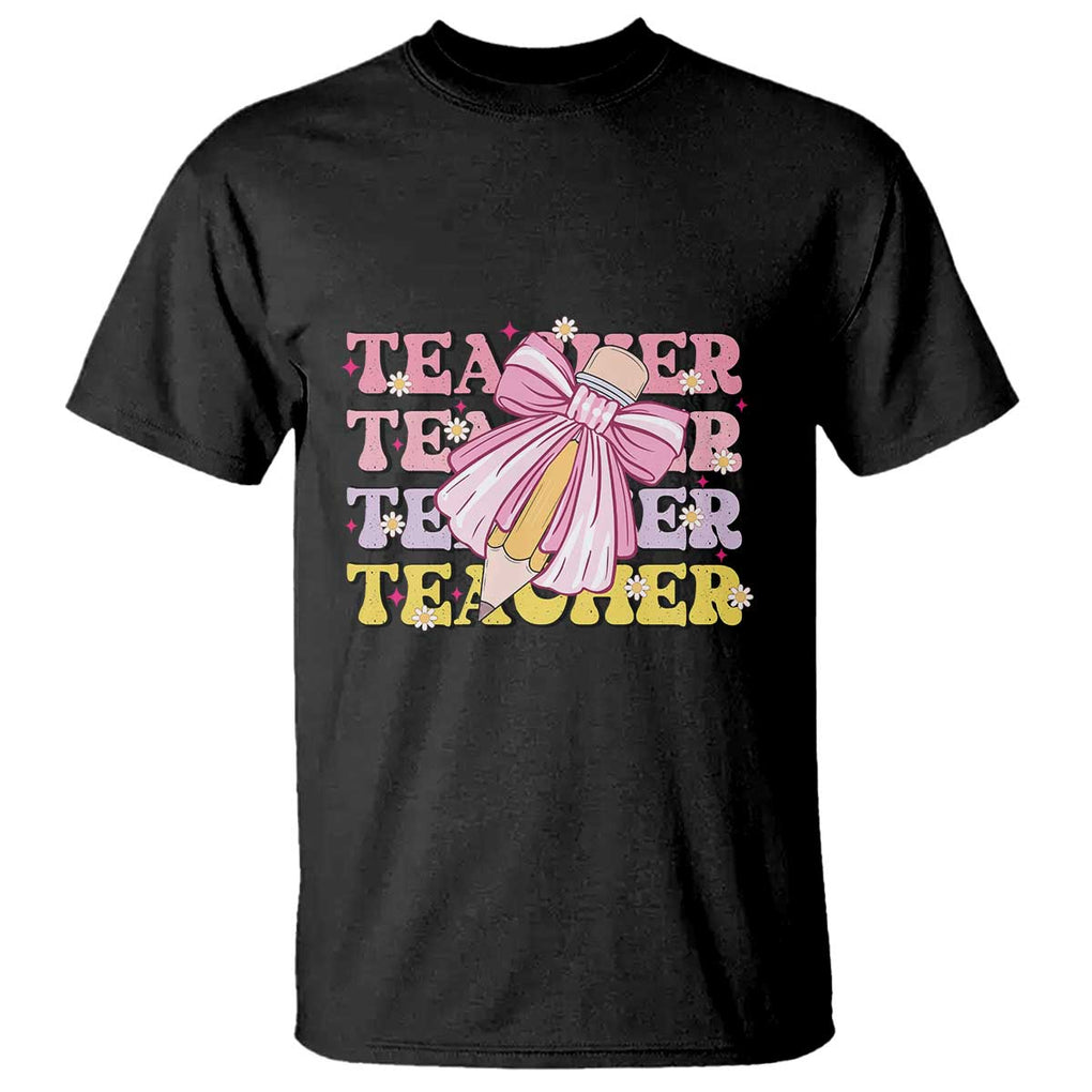 Teacher T Shirt Groovy Pencil Pink Bow Back To School TS11 Black Print Your Wear