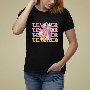 Teacher T Shirt For Women Groovy Pencil Pink Bow Back To School TS11 Black Print Your Wear