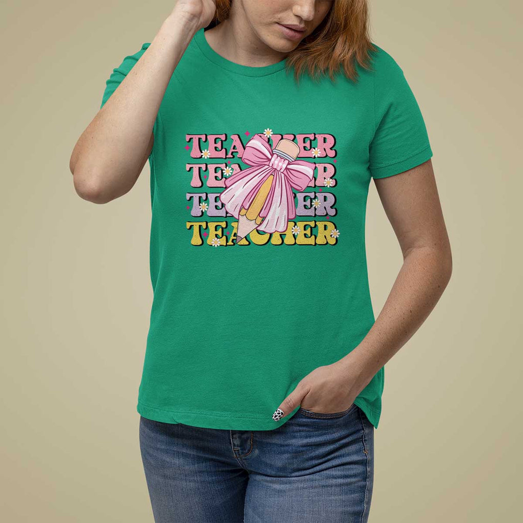 Teacher T Shirt For Women Groovy Pencil Pink Bow Back To School TS11 Irish Green Print Your Wear