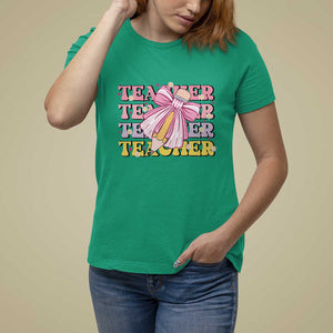 Teacher T Shirt For Women Groovy Pencil Pink Bow Back To School TS11 Irish Green Print Your Wear