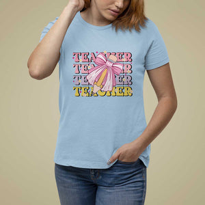 Teacher T Shirt For Women Groovy Pencil Pink Bow Back To School TS11 Light Blue Print Your Wear