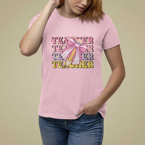 Teacher T Shirt For Women Groovy Pencil Pink Bow Back To School TS11 Light Pink Print Your Wear