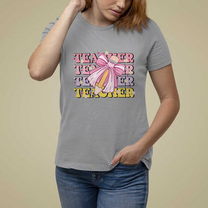 Teacher T Shirt For Women Groovy Pencil Pink Bow Back To School TS11 Sport Gray Print Your Wear
