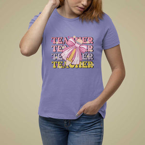 Teacher T Shirt For Women Groovy Pencil Pink Bow Back To School TS11 Violet Print Your Wear