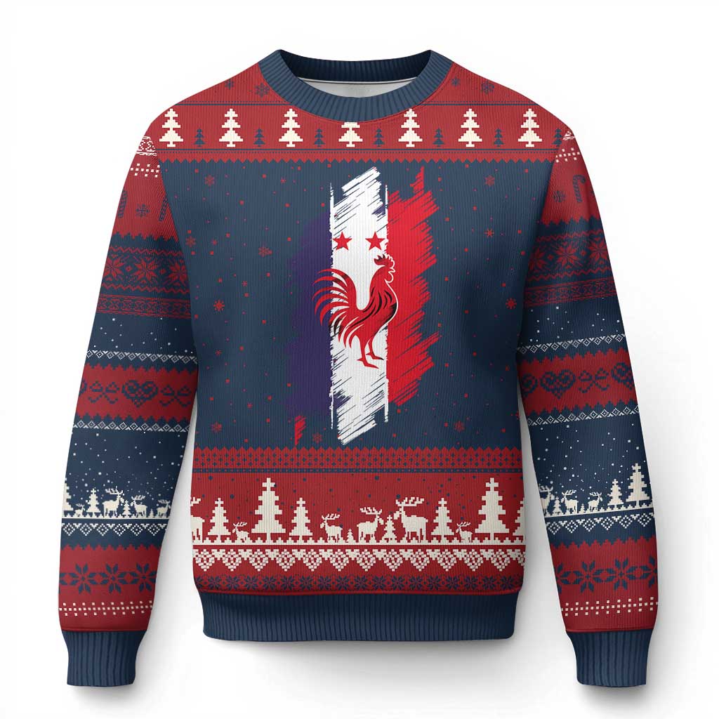 France Gallic Rooster Football Two Stars Brushstroke French Flag Graphic Ugly Christmas Sweater TS11 Navy Red Print Your Wear