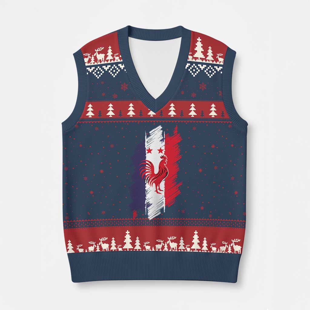 France Gallic Rooster Football Two Stars Brushstroke French Flag Graphic V-Neck Knit Sweater Vest TS11 Navy Red Print Your Wear
