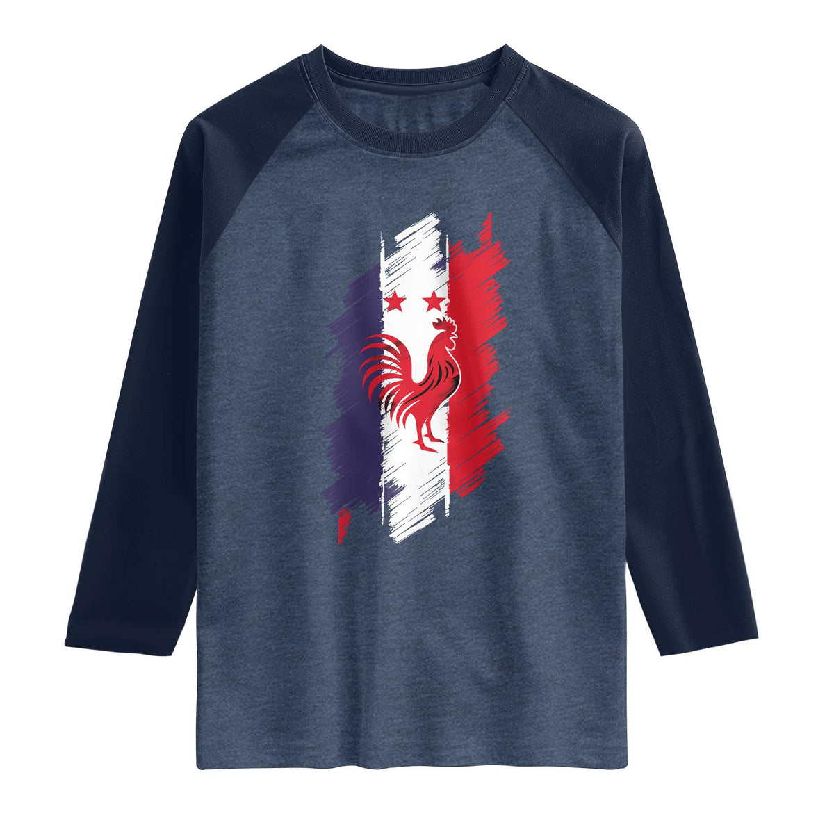 France Gallic Rooster Football Two Stars Brushstroke French Flag Graphic Raglan Shirt