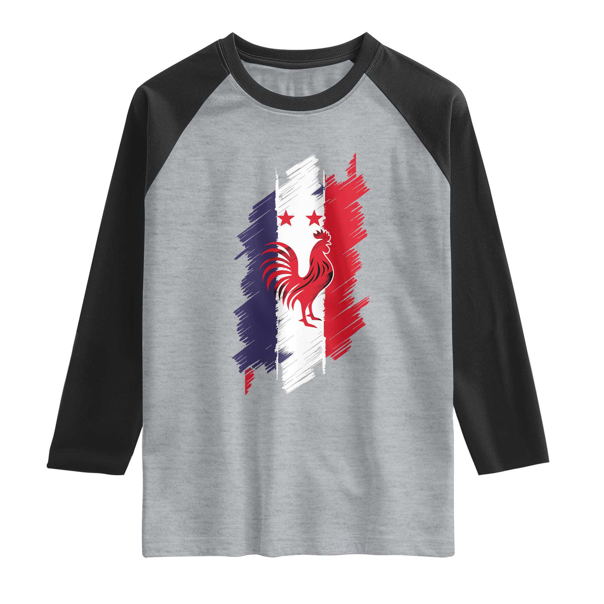 France Gallic Rooster Football Two Stars Brushstroke French Flag Graphic Raglan Shirt