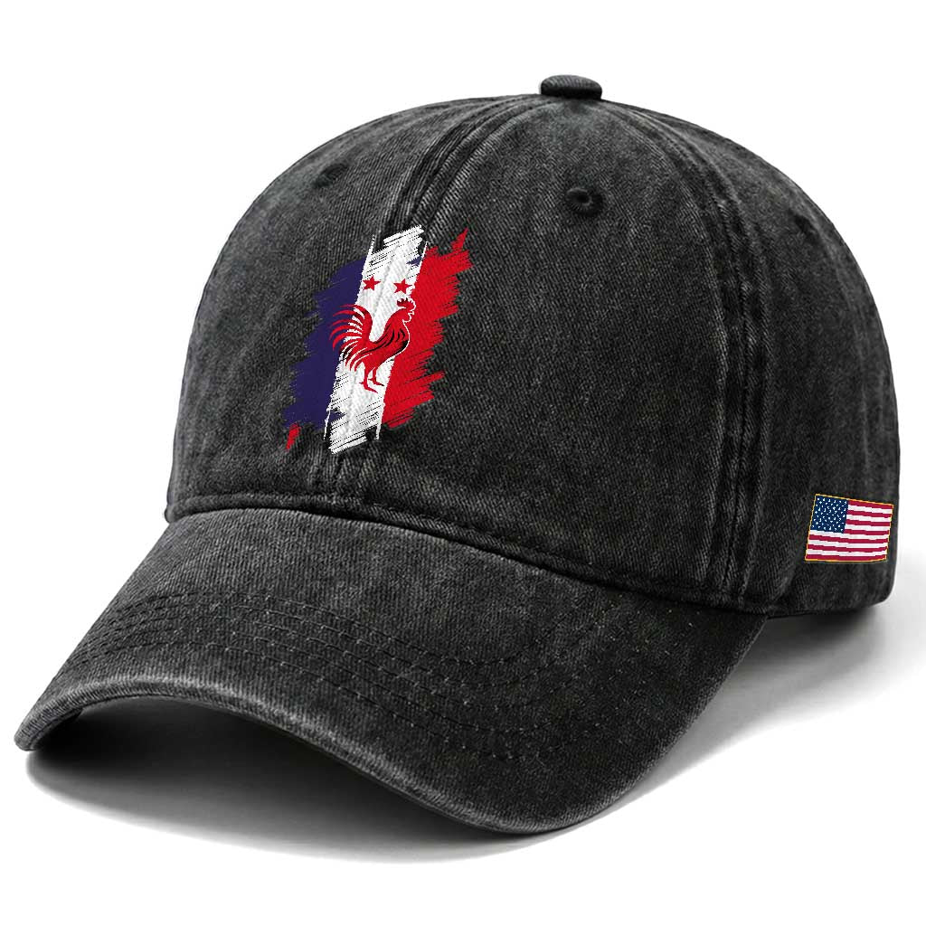 France Gallic Rooster Football Two Stars Brushstroke French Flag Graphic Washed Cotton Baseball Cap