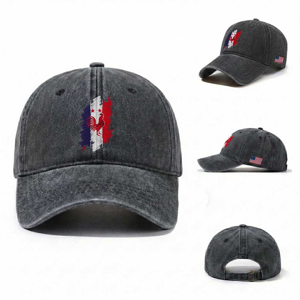 France Gallic Rooster Football Two Stars Brushstroke French Flag Graphic Washed Cotton Baseball Cap