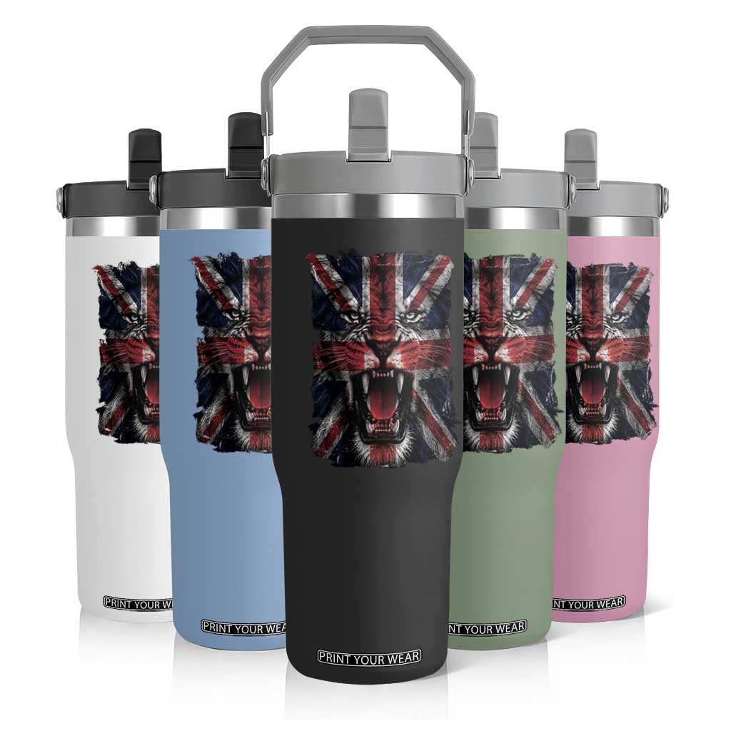 Union Jack Flag Lion Face UK British Great Britain Flip Straw Tumbler