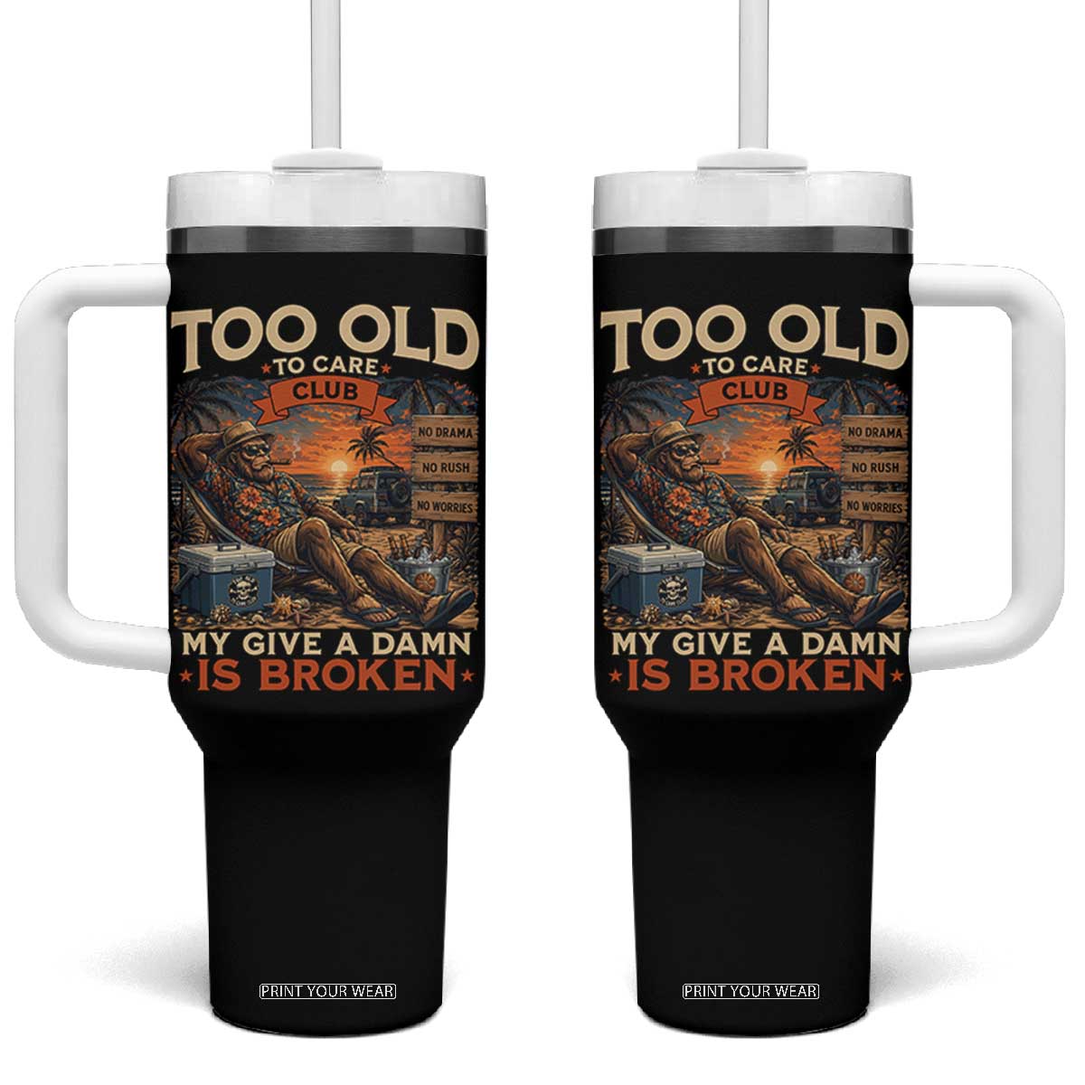 Too Old To Care Club My Give A Damn is Broken Tumbler With Handle Funny Bigfoot Retirement