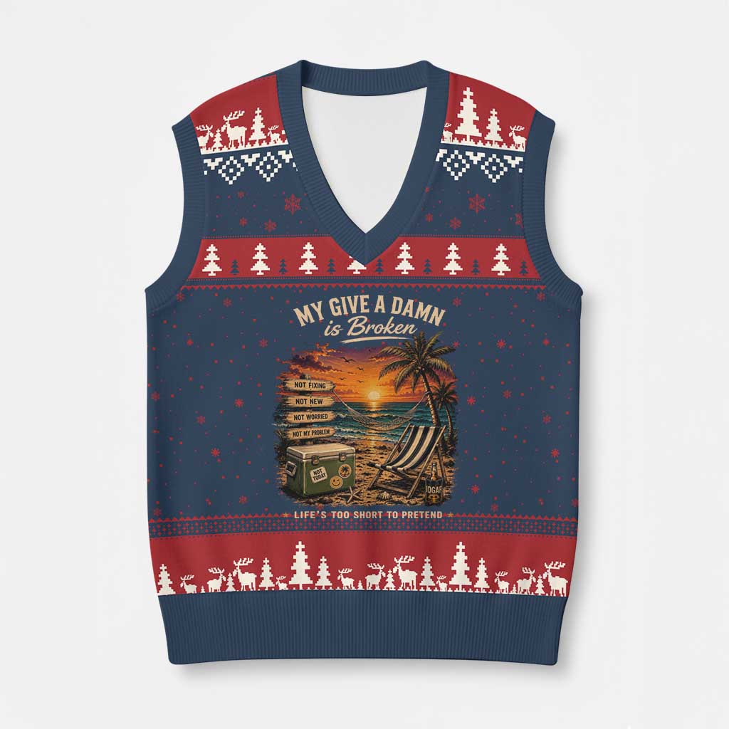 My Give A Damn is Broken Lifes Too Short to Pretend V-Neck Knit Sweater Vest Funny Old Man Quote TS11 Navy Red Print Your Wear