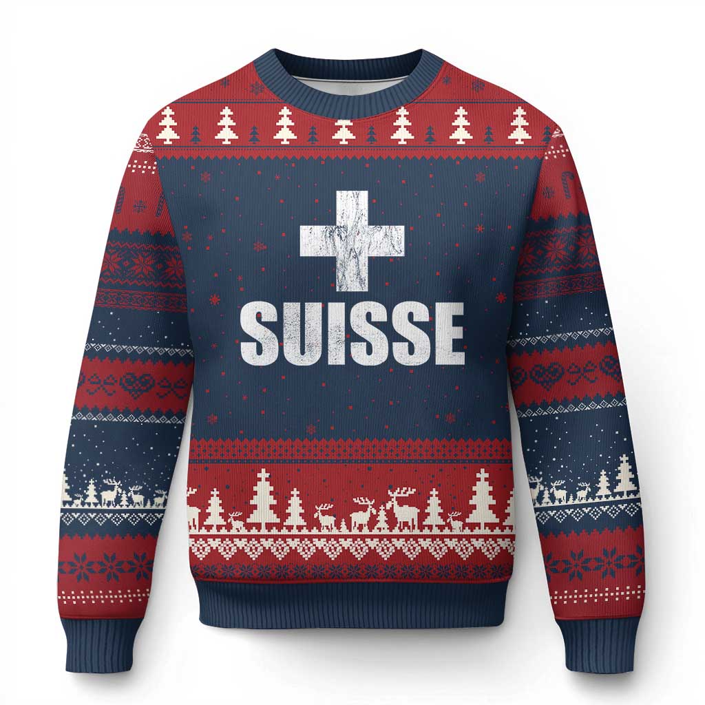 Suisse Swiss French Vintage Cross Flag Switzerland Roots Ugly Christmas Sweater TS11 Navy Red Print Your Wear