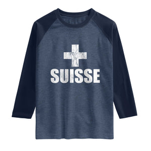 Suisse Swiss French Vintage Cross Flag Switzerland Roots Raglan Shirt