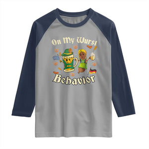 Funny Oktoberfest Raglan Shirt On My Wurst Behavior Beer Bratwurst Lederhosen Dirndl TS11 Sport Gray Navy Print Your Wear