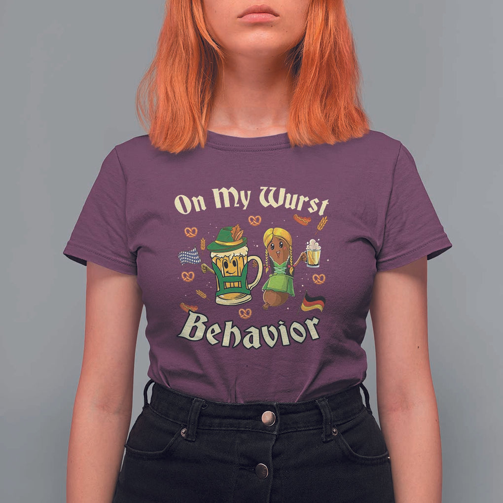 Funny Oktoberfest T Shirt For Women On My Wurst Behavior Beer Bratwurst Lederhosen Dirndl TS11 Maroon Print Your Wear
